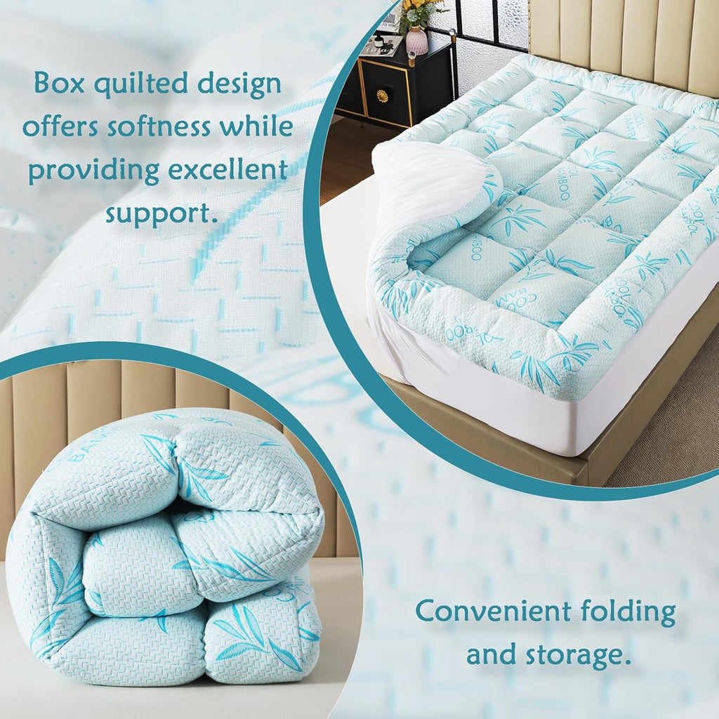 WhatsBedding 5 Inch Full Mattress Topper Breathable Bamboo Viscose Air Layer,Memory Foam Mattress Topper Full Size Blue.