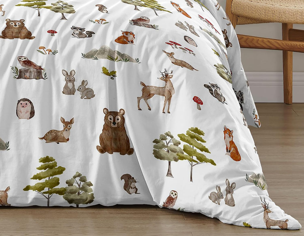 Sweet Jojo Designs Woodland Forest Animals Boy Girl Gender Neutral Unisex Queen Comforter Set Full Size Bedding Kids Teen Adult Bed Room 3pc Brown Bear Owl Animal Print Tree Deer Bunny Taupe Friends