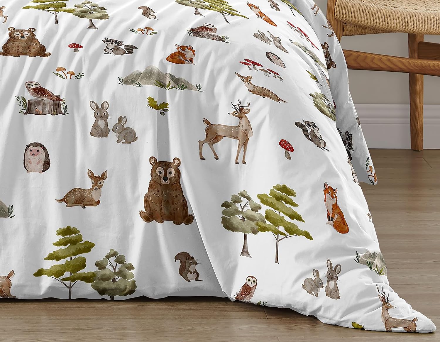 Sweet Jojo Designs Woodland Forest Animals Boy Girl Gender Neutral Unisex Queen Comforter Set Full Size Bedding Kids Teen Adult Bed Room 3pc Brown Bear Owl Animal Print Tree Deer Bunny Taupe Friends