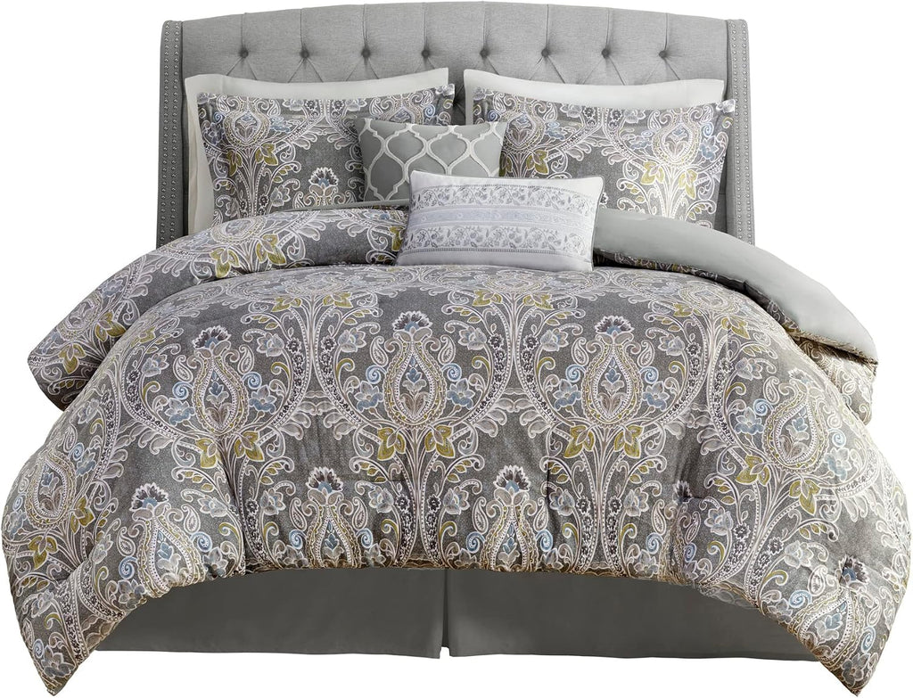Harbor House Cozy Cotton Comforter Set - Classic Modern Design, All Season Down Alternative Casual Bedding, Matching Shams, Hallie, Damask Grey Full(80'x90') 6 Piece