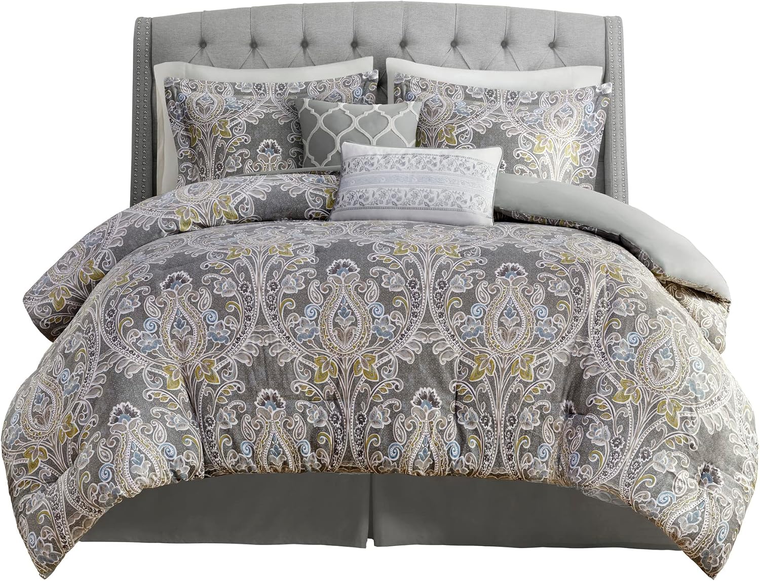 Harbor House Cozy Cotton Comforter Set - Classic Modern Design, All Season Down Alternative Casual Bedding, Matching Shams, Hallie, Damask Grey Full(80'x90') 6 Piece