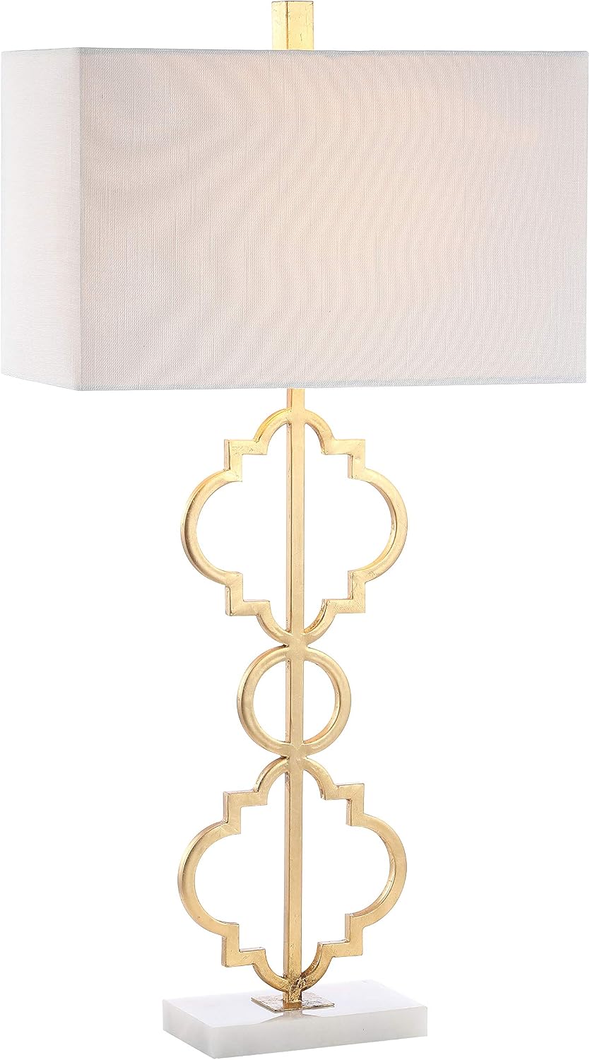 JONATHAN Y 32' Gold Selina Ogee Trellis LED Table Lamp, Glam Modern Iron Geometric Lamp for Living Room Bedroom, White Linen Rectangle Shade, LED Bulb Included JYL3072A