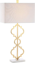 JONATHAN Y 32' Gold Selina Ogee Trellis LED Table Lamp, Glam Modern Iron Geometric Lamp for Living Room Bedroom, White Linen Rectangle Shade, LED Bulb Included JYL3072A