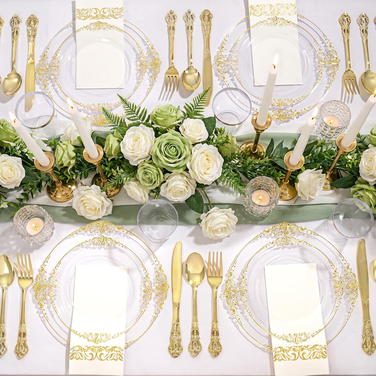 YOUBET 700PCS Clear Gold Plastic Plates - Elegant Gold Plastic Dinnerware Set Include 200 Disposable Plates, 300 Heavy Duty Silverware, 100 Cups, 100 Napkins for Wedding Party