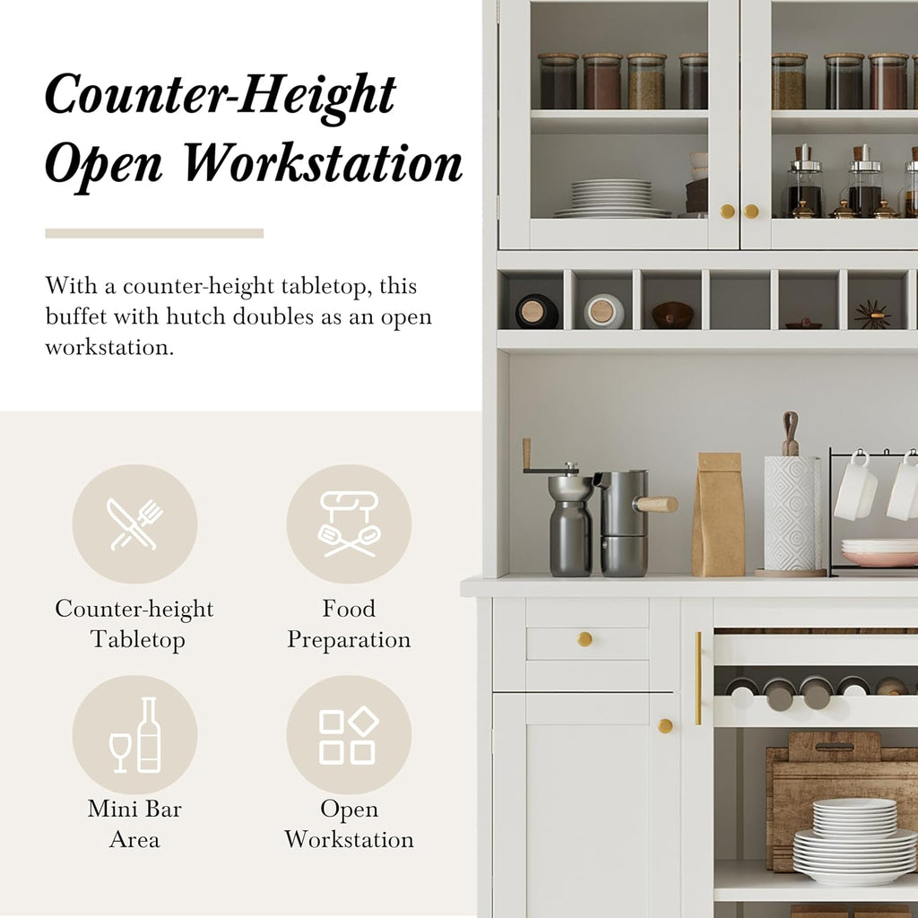 Modern 74.8 inch Tall Kitchen Pantry, Freestanding Buffet with Hutch, Kitchen Pantry Storage Cabinet with Wine Rack and Adjustable Shelves for Dining Room (White//1)