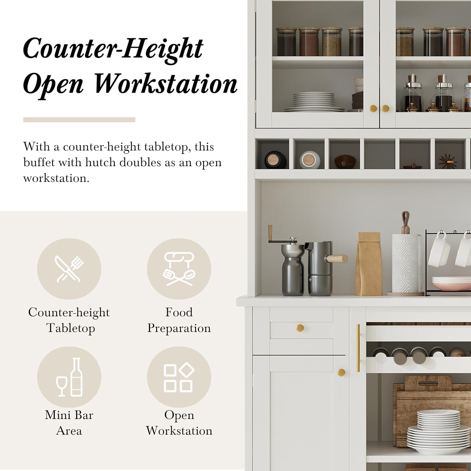Modern 74.8 inch Tall Kitchen Pantry, Freestanding Buffet with Hutch, Kitchen Pantry Storage Cabinet with Wine Rack and Adjustable Shelves for Dining Room (White//1)