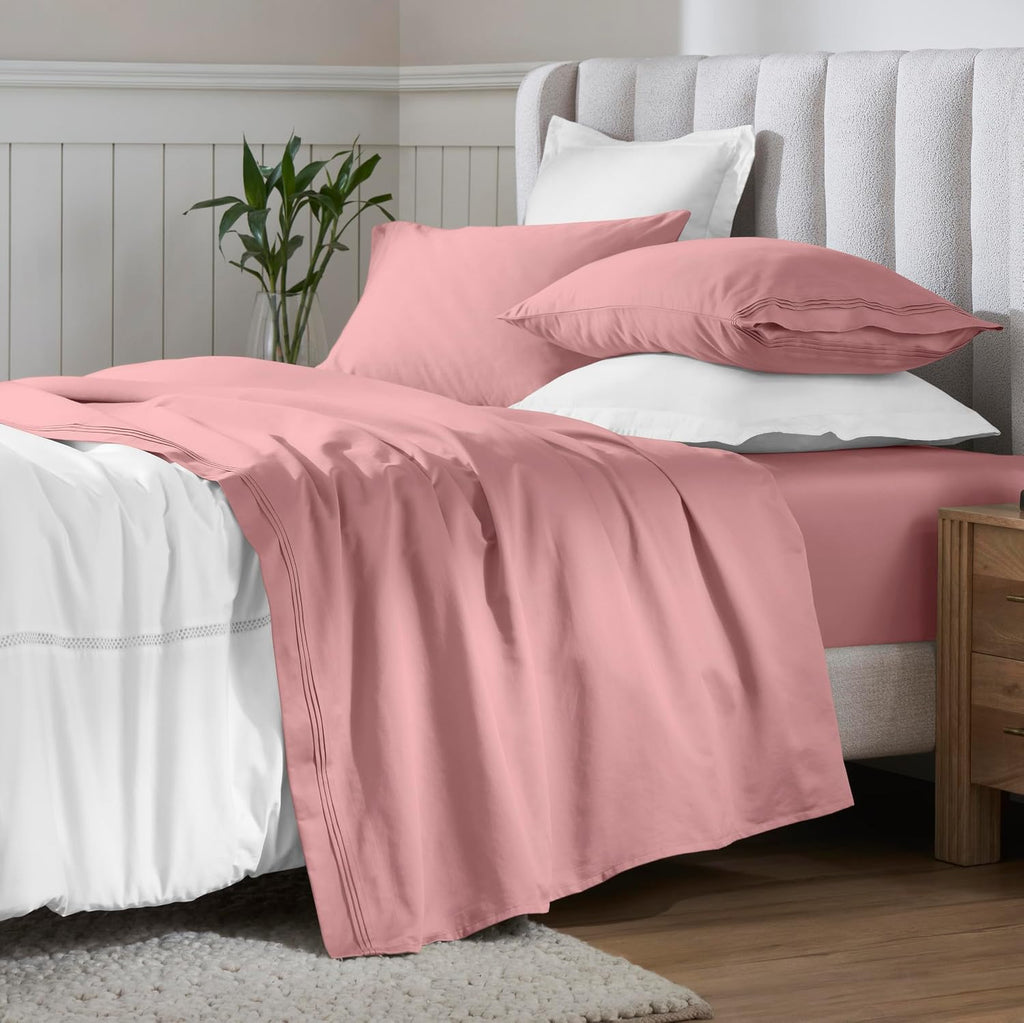 Superior Egyptian Cotton 4 Piece Sheet Set, 650 Thread Count, Eco-Friendly, Sustainable Sheets, Ultra-Soft Basics, Solid, Deep Pocket Fitted Sheet, Flat Sheet, Pillowcases, Queen, Blush