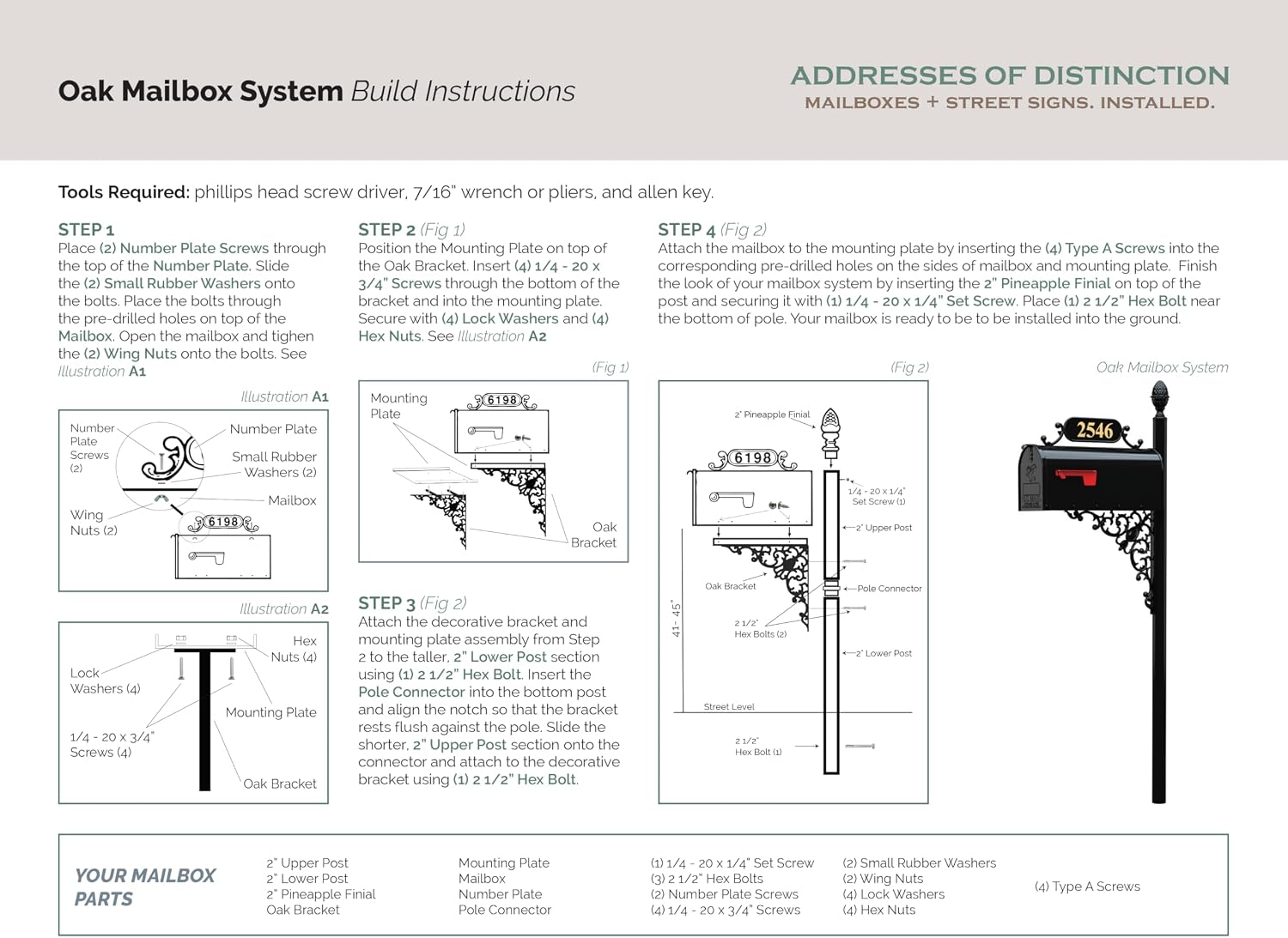 Oak Mailbox & Post Kit – Black Mailbox System – Includes Address Plaque, Bracket & Mounting Hardware – Rust Resistant Metal Mailbox with Decorative Finial