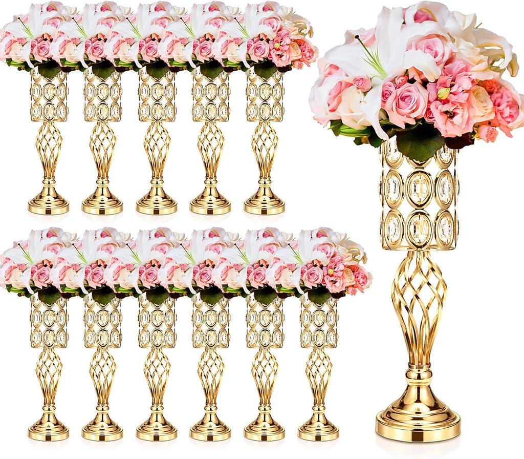 Tatuo 12 Pcs Gold Wedding Centerpiece Vases for Table Crystal Flower Trumpet Metal Flower Vase Stand with Diamond for Wedding Party Reception Dining Room Living Room(20 inch)