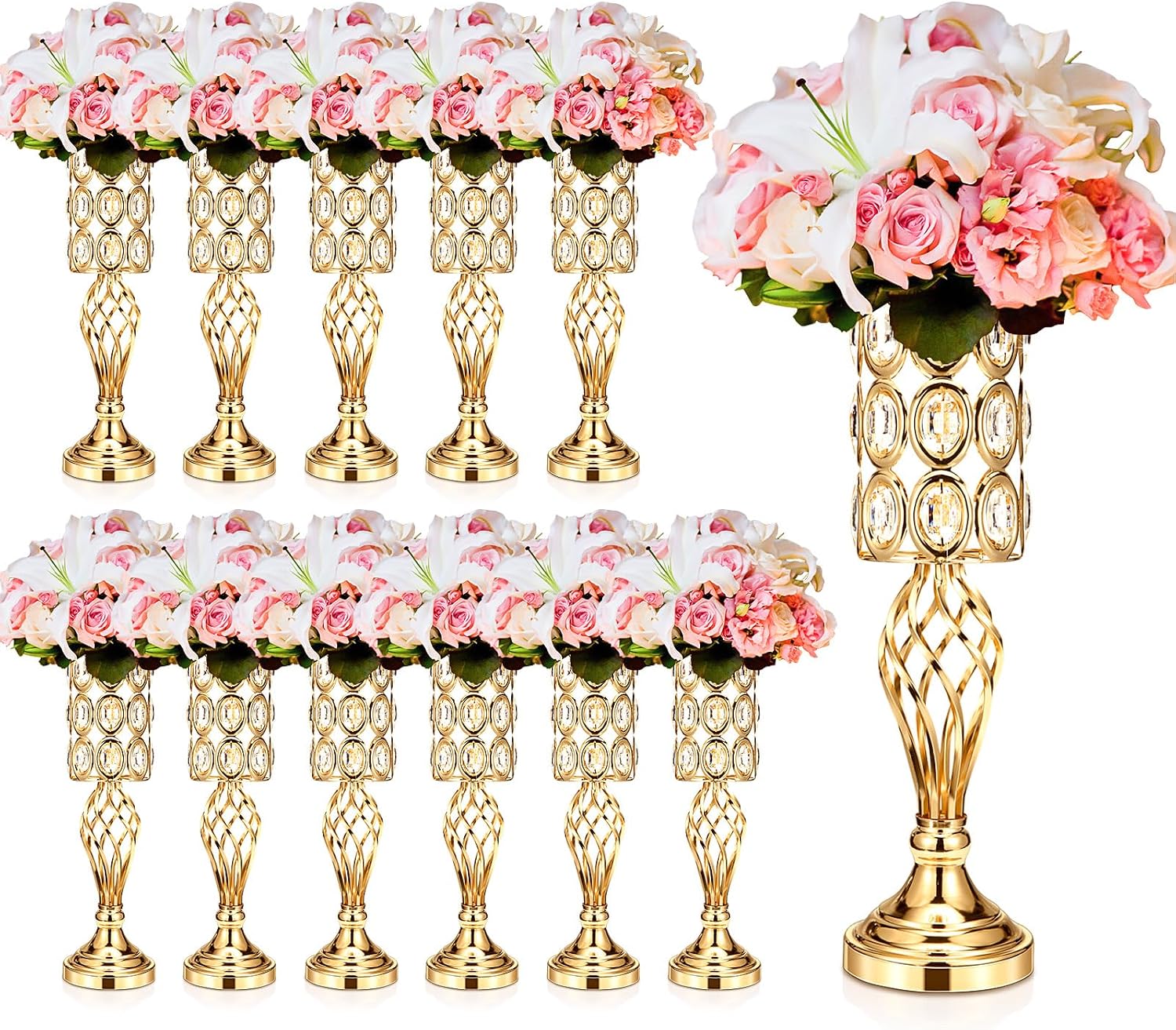 Tatuo 12 Pcs Gold Wedding Centerpiece Vases for Table Crystal Flower Trumpet Metal Flower Vase Stand with Diamond for Wedding Party Reception Dining Room Living Room(20 inch)