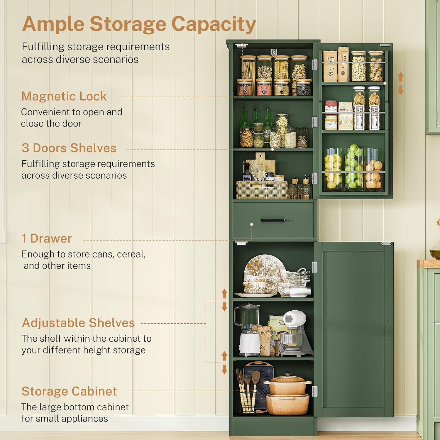 TEENFON Kitchen Pantry Cabinet with 3 Door Shelves & 1 Drawer, Narrow Bathroom Cabinet with Adjustable Shelves, Tall Storage Cabinet for Living Room, Bathroom, Entryway, Green