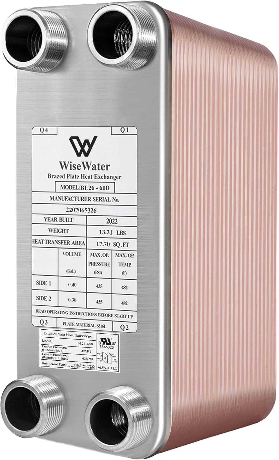 AB Plate Heat Exchanger, 4'x 12' 60 Plates Water To Water Heat Exchanger, Copper/SS316L Stainless Steel Brazed Plate Heat Exchanger For Floor Heating, Water Heating, Snow Melting