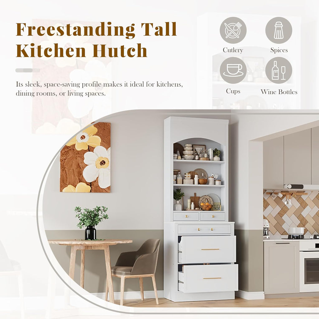 Modern 83.7inch High Kitchen Pantry, Freestanding Tall Kitchen Hutch with Faux Marble Top, Cupboard Cabinet with 5 Storage Drawers and Adjustable Shelf (White-4)