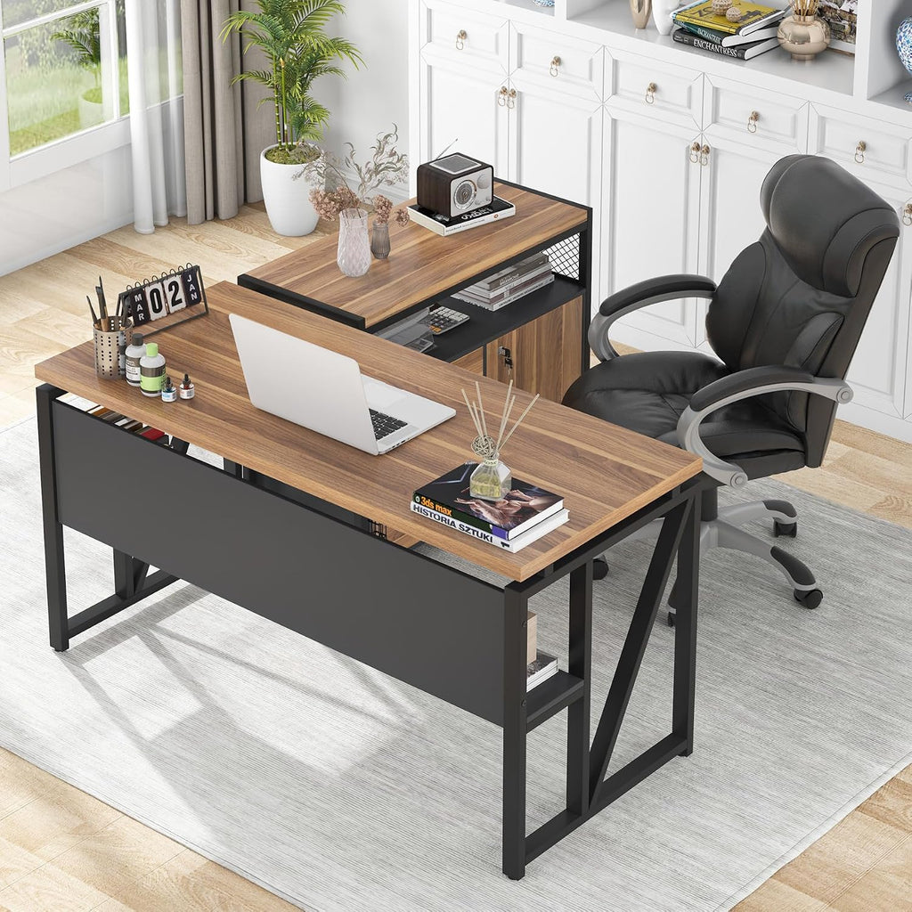 Tribesigns 55 inches Simple Computer Desk,Home Office Desk Writing Table for Workstation,Dark Walnut + Steel Leg， Cabinet not Included (Walnut, 55-inch)