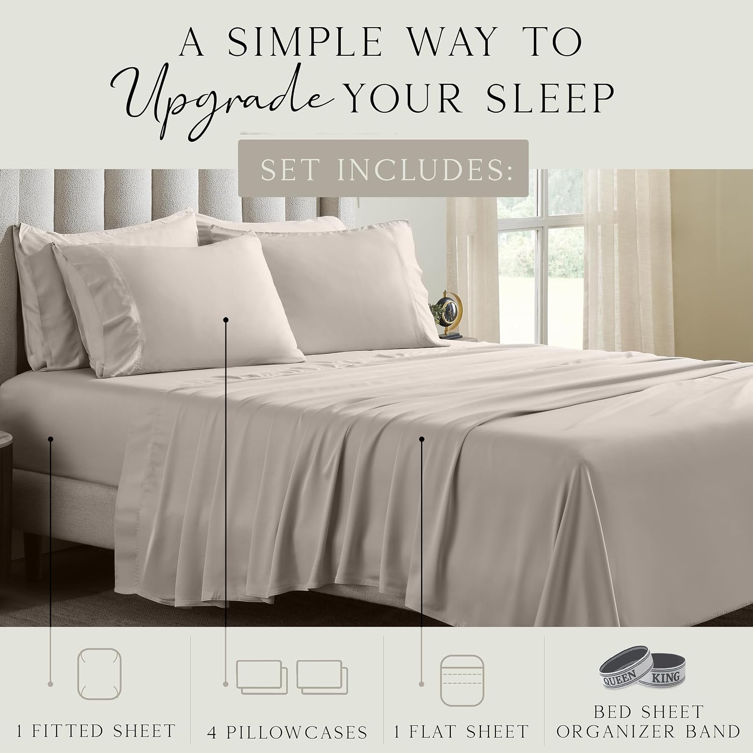 KARISSA MAE 6 Piece Pure Viscose from Bamboo King Size Sheet Set | 100% FSC Certified | Luxuriously Soft | Cooling | 18' Deep Pocket w/Corner Straps | 4 Pillowcases [Dune]