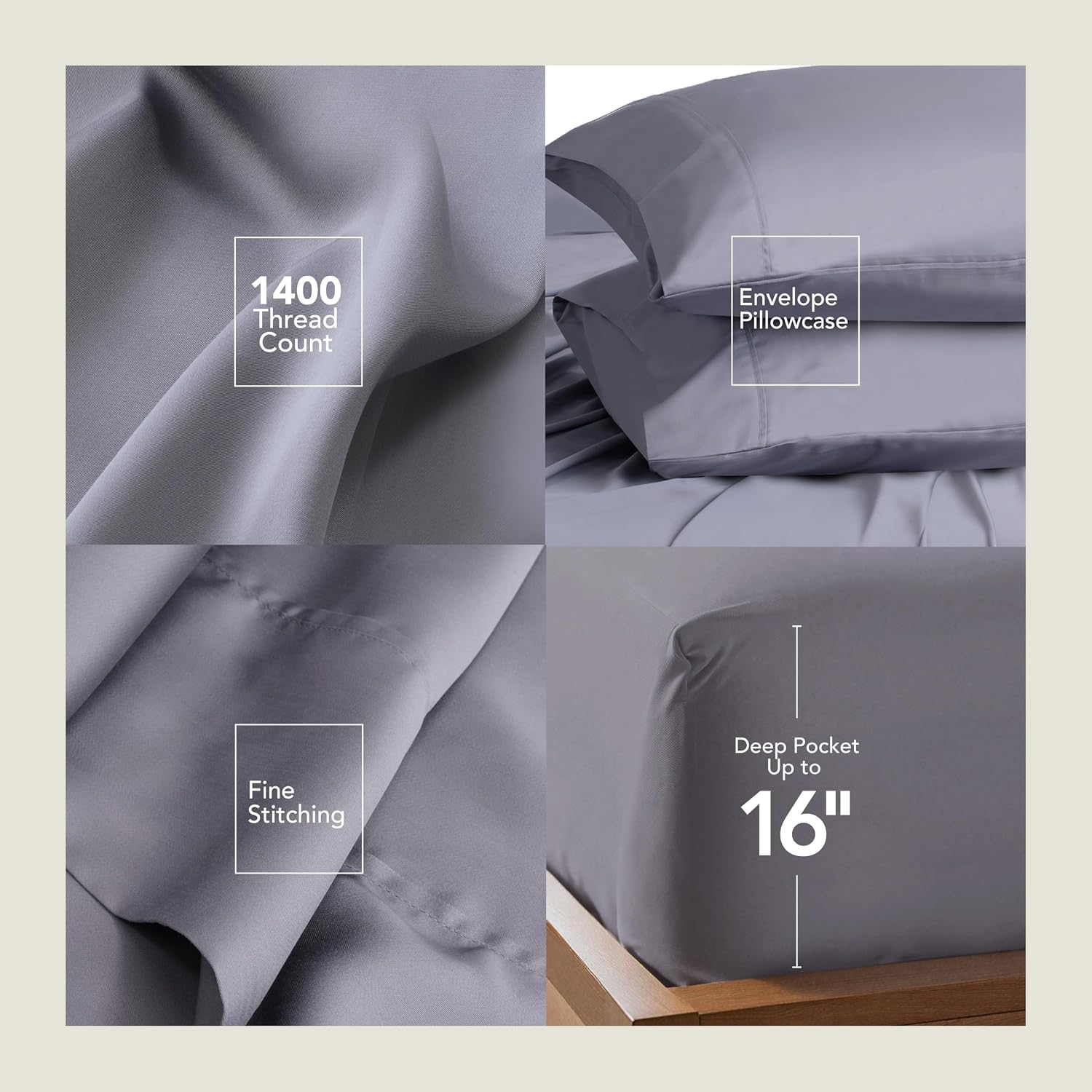 EPITEX Solid 4 Piece Queen Sheet Set - Viscose Derived from Bamboo, 1400 Thread Count, Breathable and Cooling Bed Sheets Set, Luxurious Bedding for Hot Sleeper, Deep Pocket Up to 16'', Light Grey