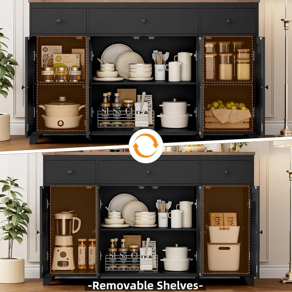 HIFIT 55' Large Kitchen Buffet Cabinet with Storage Drawers, Farmhouse Sideboard Buffet Table Storage Cabinet with Doors and Shelves, Wood Coffee Bar Cabinet for Kitchen Dining Living Room, Black