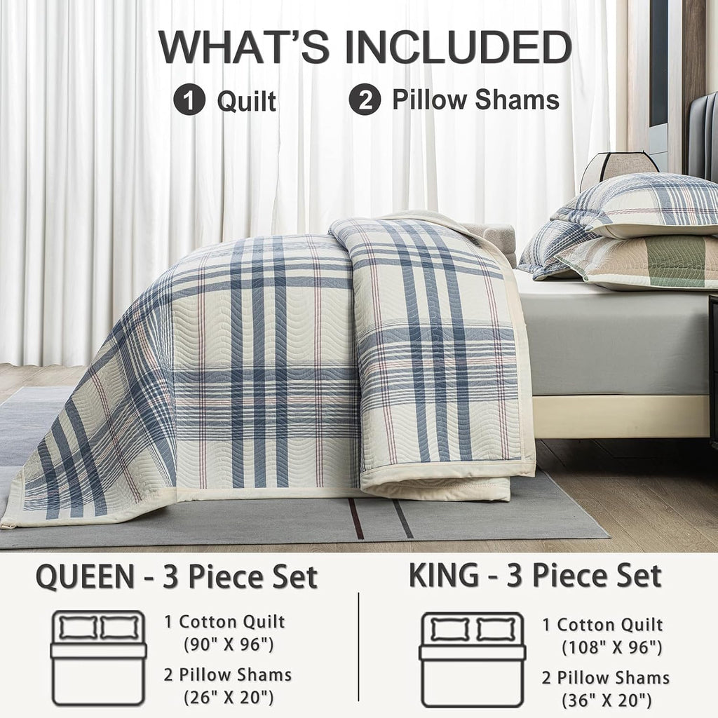 tohrisa Cotton Plaid Quilt Set, Ultra Soft 3 Pieces King Size Bedding with 2 Pillow Shams, Lightweight Reversible Coverlet Bedspread with Wave Quilting for Summer, 108'x96', Grid-Blue White
