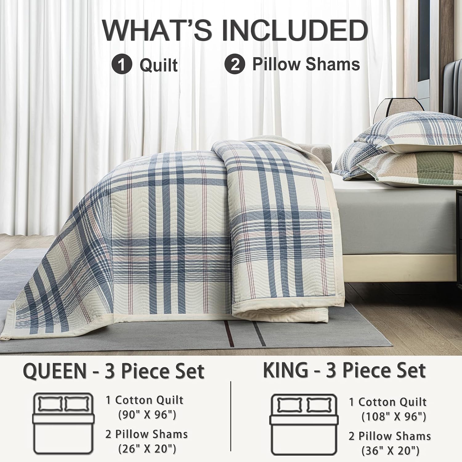 tohrisa Cotton Plaid Quilt Set, Ultra Soft 3 Pieces King Size Bedding with 2 Pillow Shams, Lightweight Reversible Coverlet Bedspread with Wave Quilting for Summer, 108'x96', Grid-Blue White