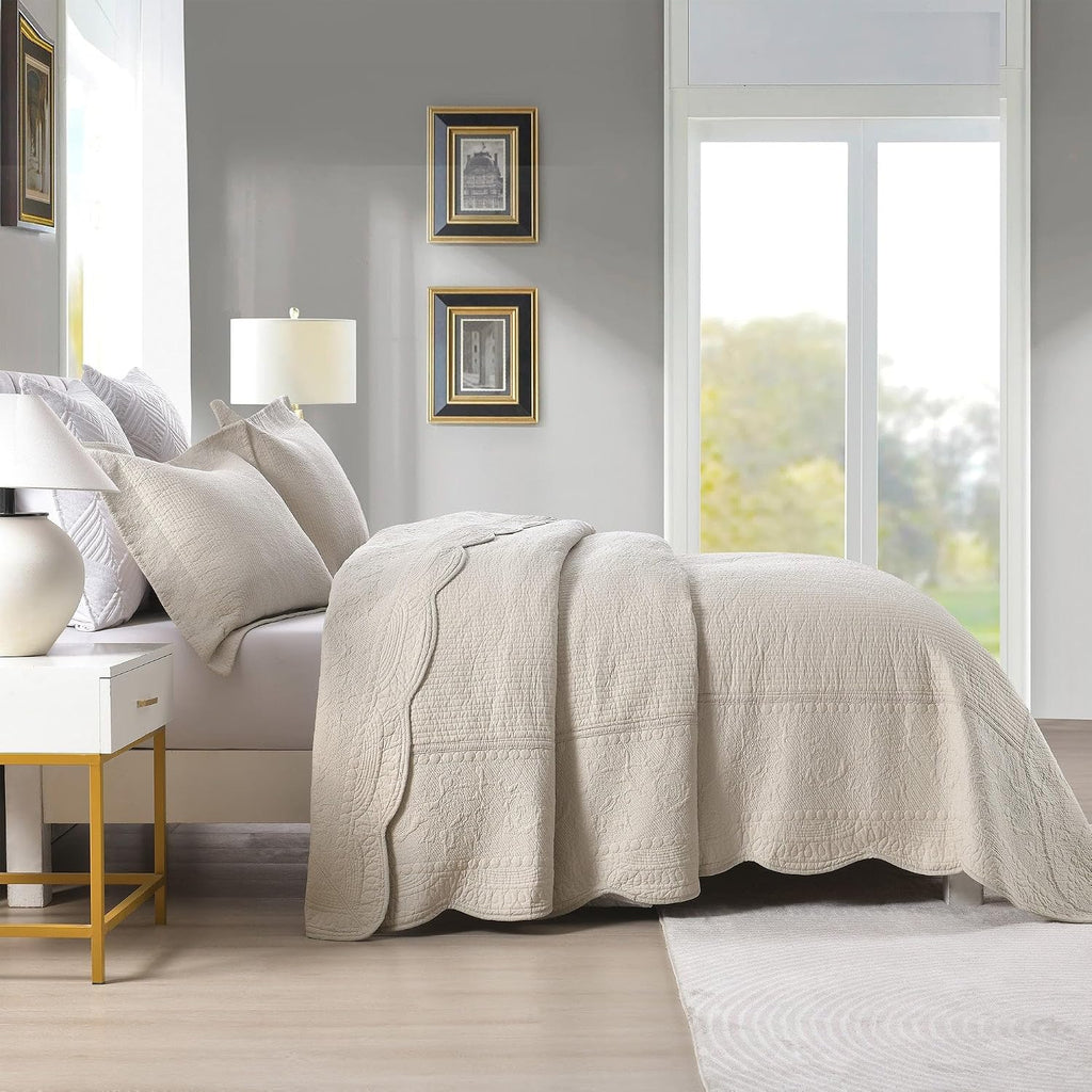 MarCielo 3-Piece 100% Cotton Oversized Bedspread Lightweight Quilt Coverlet Embroidery Farmhouse Bedding Set (TG Light Yellow Beige, Oversized King (118'x106'))