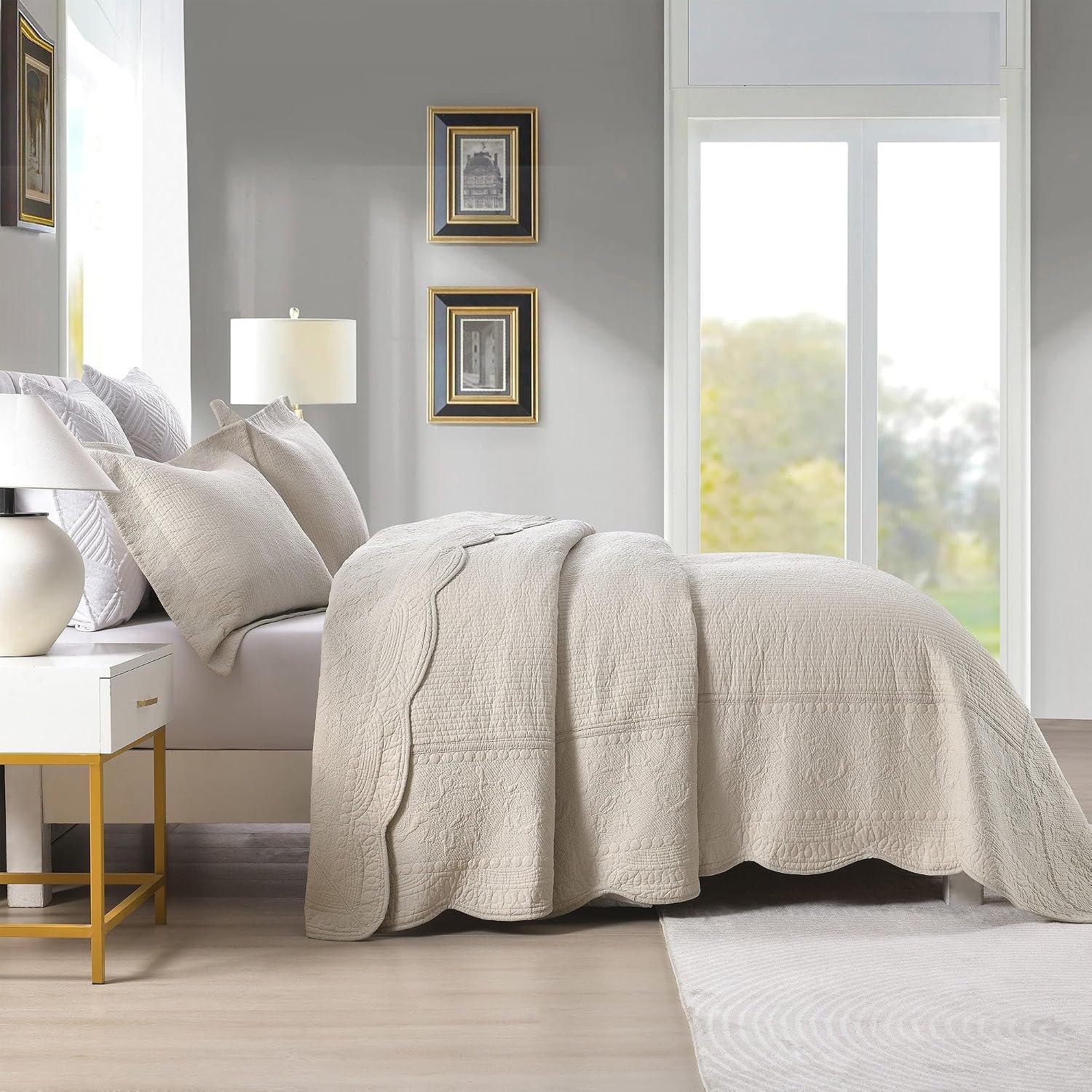 MarCielo 3-Piece 100% Cotton Oversized Bedspread Lightweight Quilt Coverlet Embroidery Farmhouse Bedding Set (TG Light Yellow Beige, Oversized Queen (100'x106'))