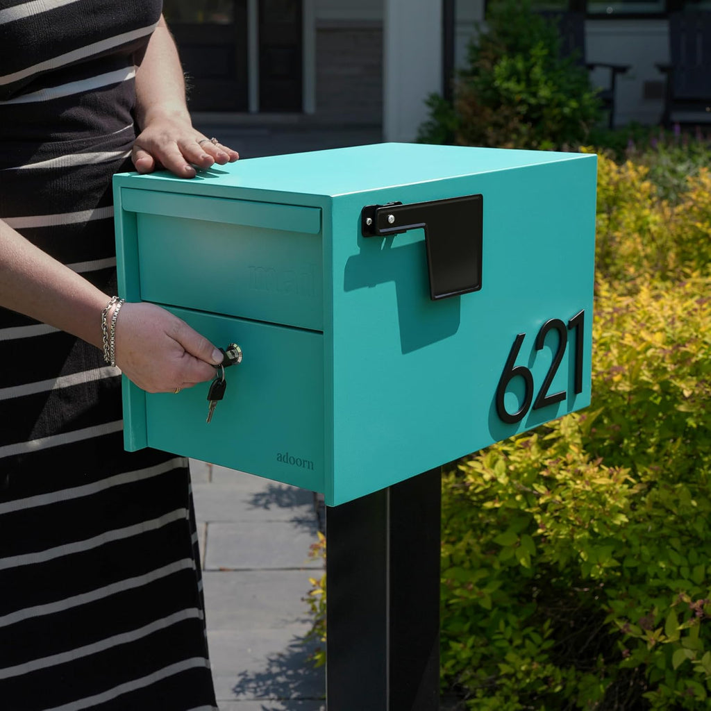 Adoorn Lockable Post Mount Mailboxes for Outside - Small Anti-Theft Locking Mailbox for Packages and Letters - Weatherproof Construction - Durable Steel - 12' H x 12' W x 18.5' D - Aegean Sea
