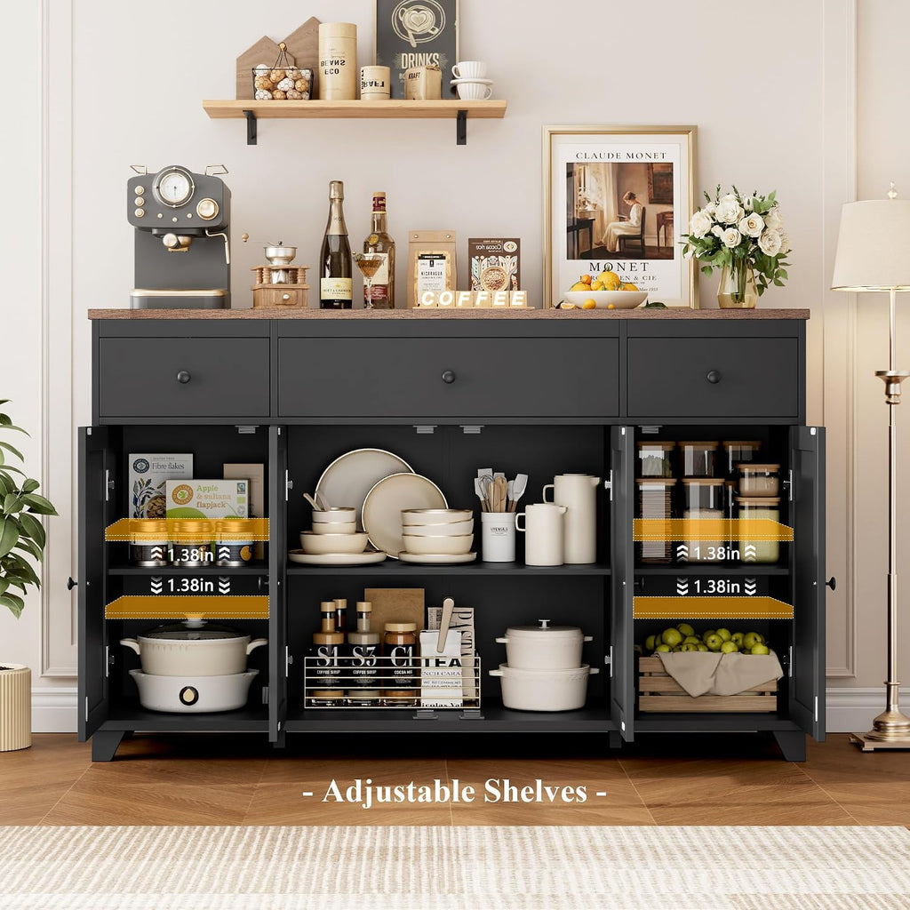 HIFIT 55' Large Kitchen Buffet Cabinet with Storage Drawers, Farmhouse Sideboard Buffet Table Storage Cabinet with Doors and Shelves, Wood Coffee Bar Cabinet for Kitchen Dining Living Room, Black