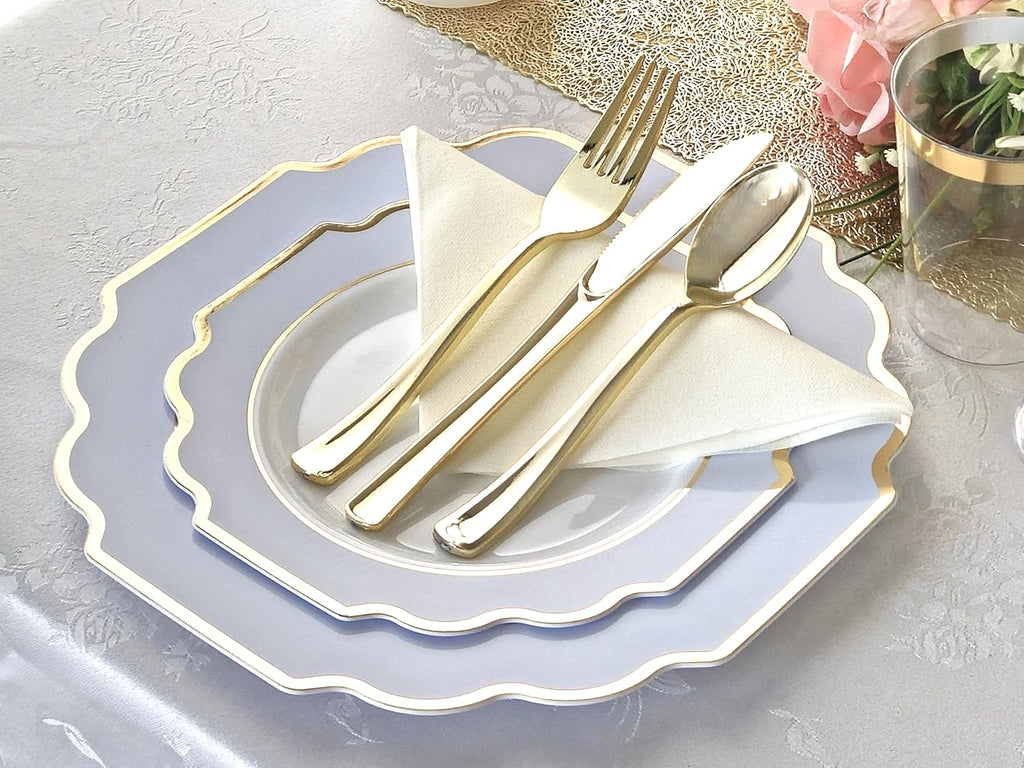 ' OCCASIONS ' 240 Plates Pack (120 Guests) Heavyweight Wedding Party Disposable Plastic Plates Set -120 x 10.5'' Dinner + 120 x 8'' Salad/Dessert Plate (Imperial in White/Blue & Gold)