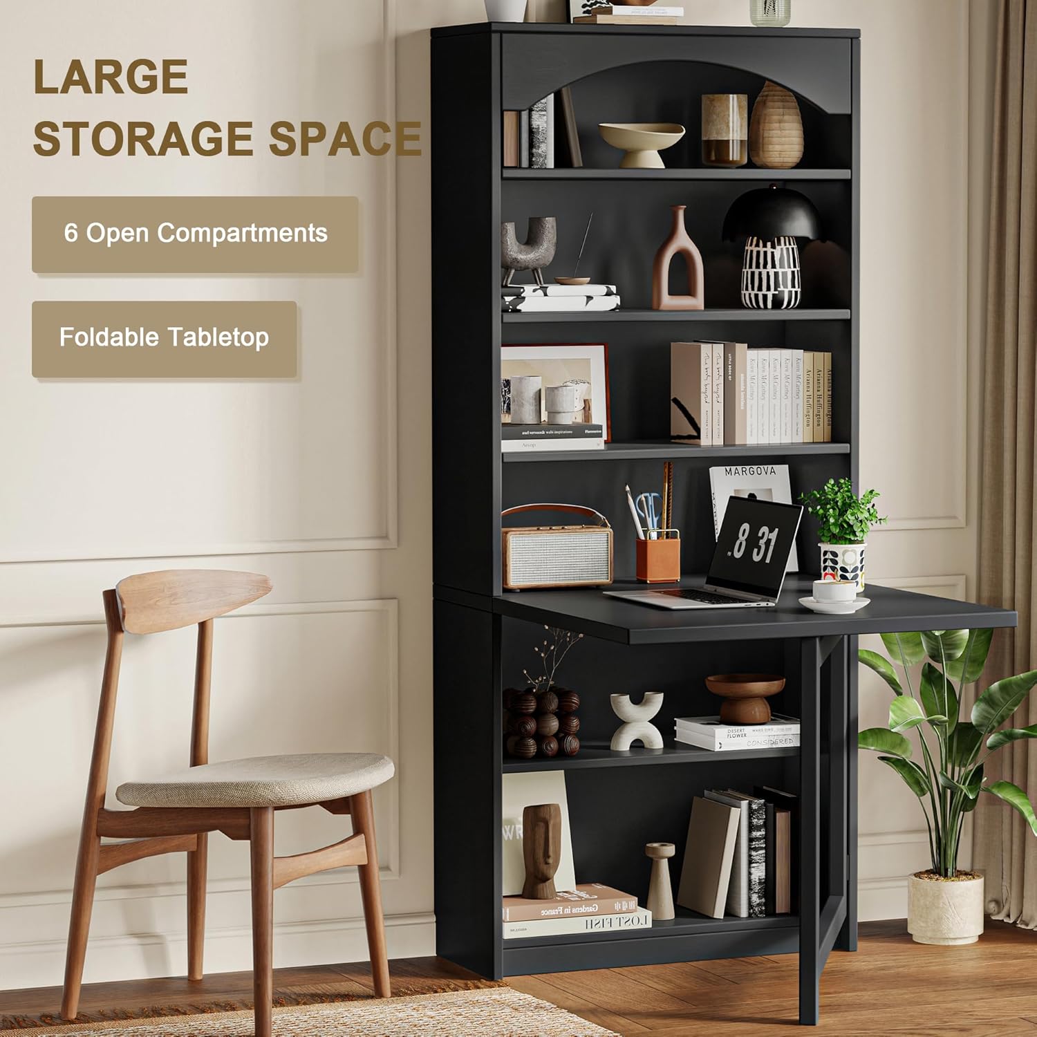 Einhomn Folding Desk with Storage, Space-Saving Foldable Convertible Writing Table, Wall Mount Fold Out Computer Desk for Home Office, Craft Room, Living Room, Bedroom, Black