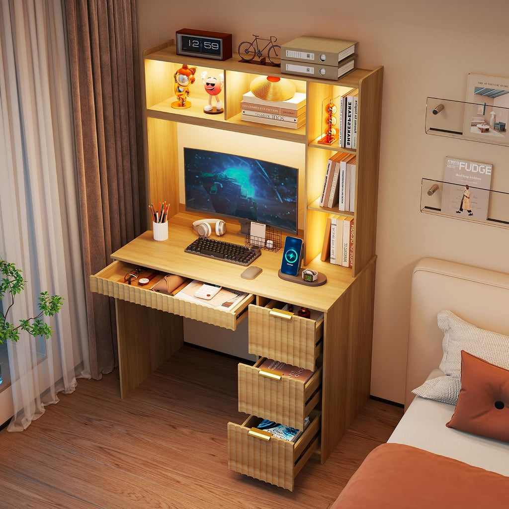 40' W Fluted Study Desk with Hutch and Storage Cabinet, Computer Desk with Power Outlet & LED Lights, Home Office Desk with Card-Based Lock for Study, Bedroom, Living Room, Natural Oak