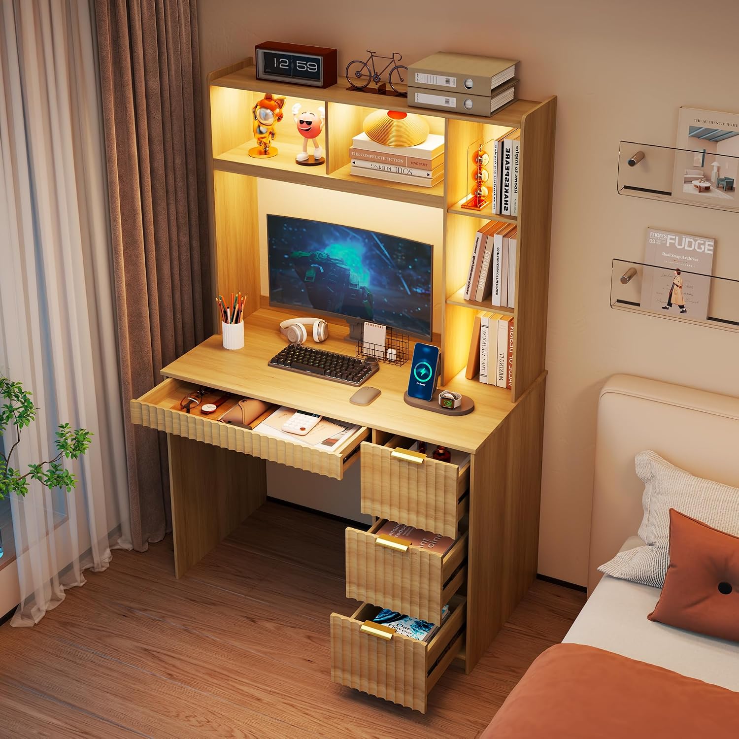 40' W Fluted Study Desk with Hutch and Storage Cabinet, Computer Desk with Power Outlet & LED Lights, Home Office Desk with Card-Based Lock for Study, Bedroom, Living Room, Natural Oak