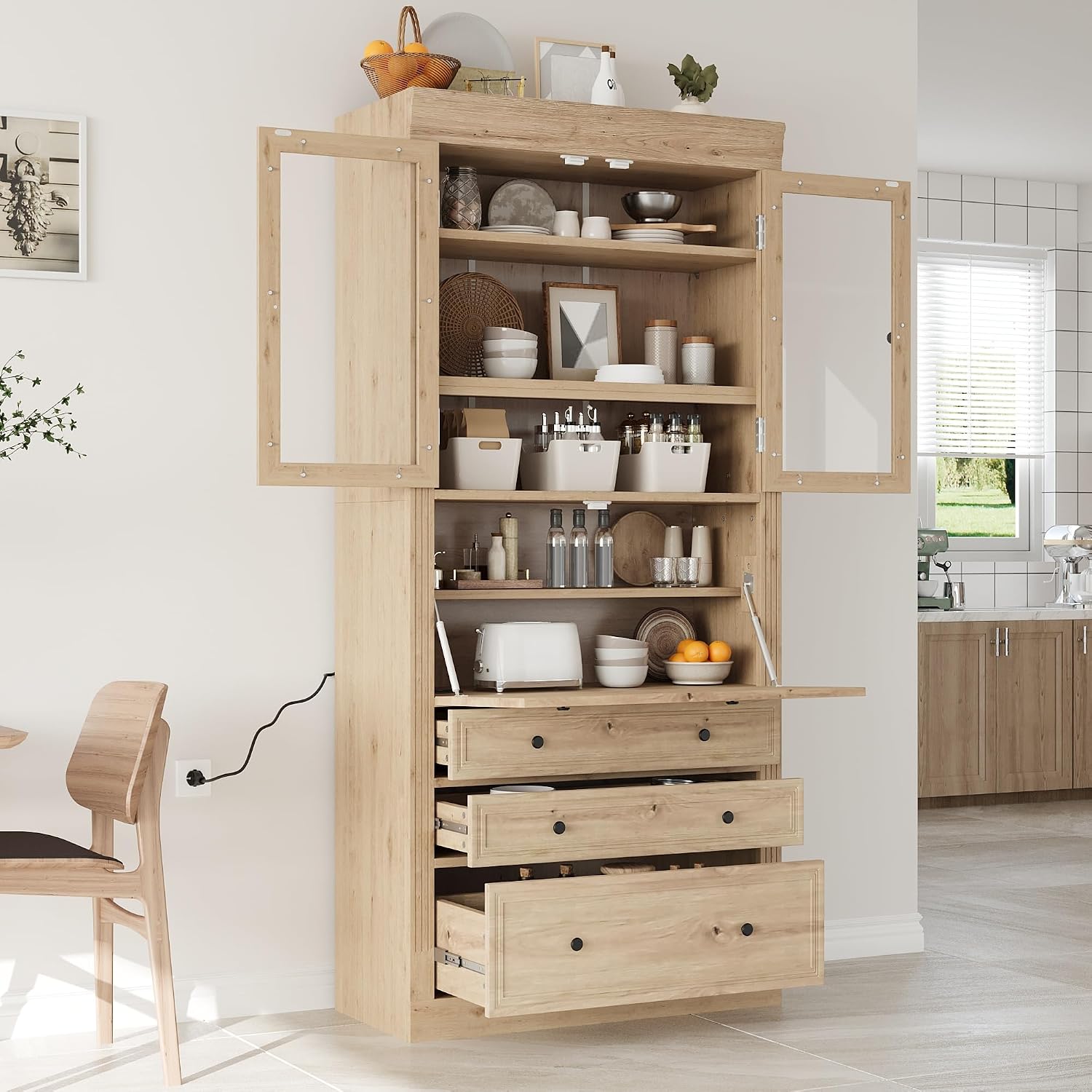 78 inch Tall Kitchen Pantry Cabinet with 3 Drawers and Adjustable Shelves, Wood Storage Cabinet with Drop-Down Surface and Glass Doors for Dining Room and Living Room (Natural//3)