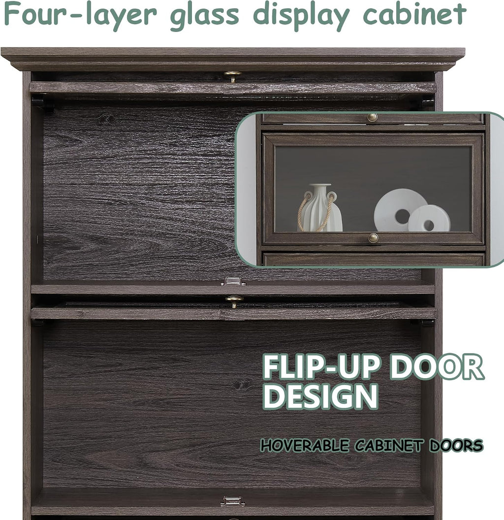 Brown Glass Display Curio Cabinet, Barrister Bookcase with Glass Doors, Rustic Brown Wood Display Cabinet, 31.5'L x 13.7'W x 63'H