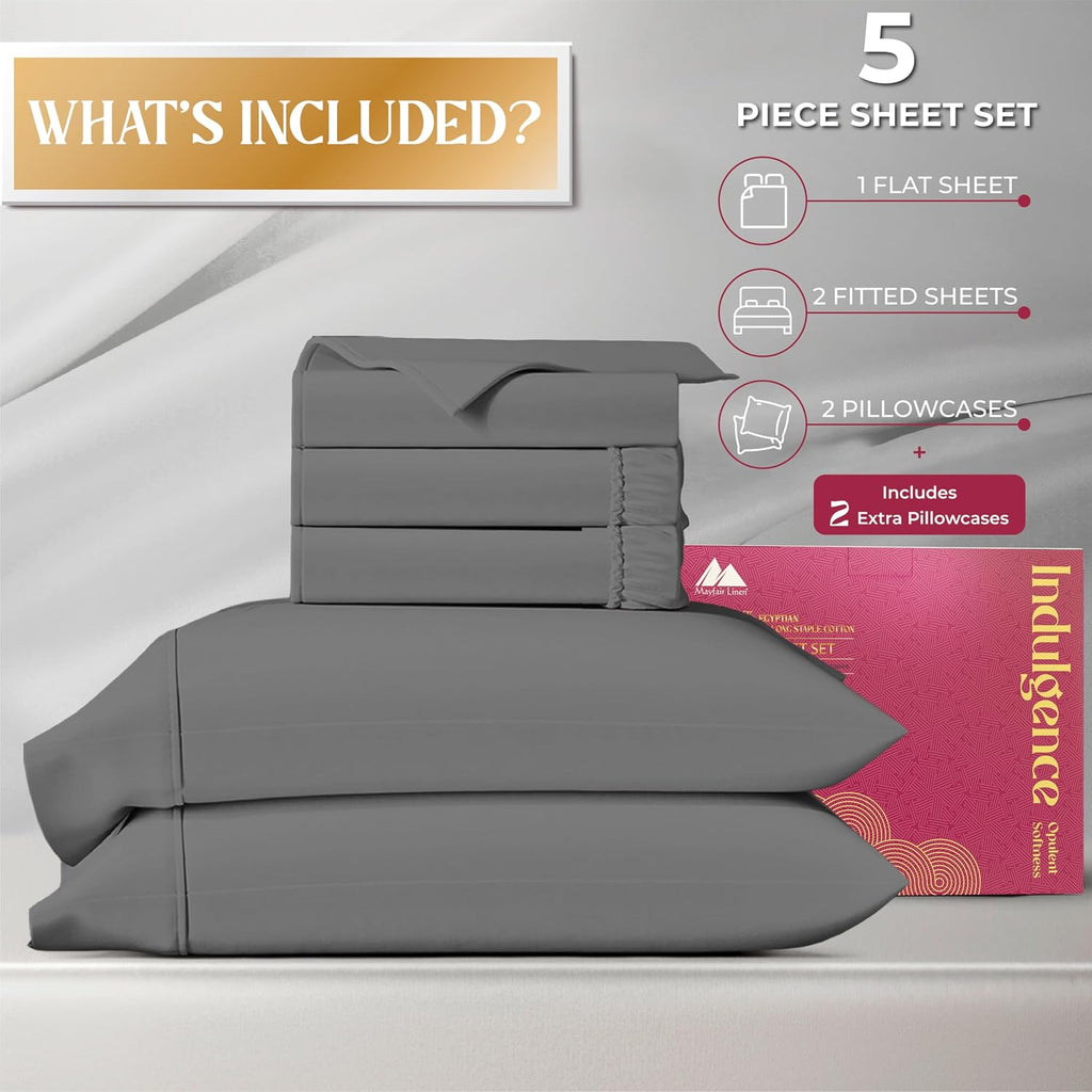 Mayfair Linen 100% Egyptian Cotton Split King Sheets Sets for Adjustable Bed - Luxury 1200 Series Split King Sheet Set (5 PC, Dark Grey), Soft, Cooling & Breathable, Sateen Weave 17' Deep Pocket Sheet