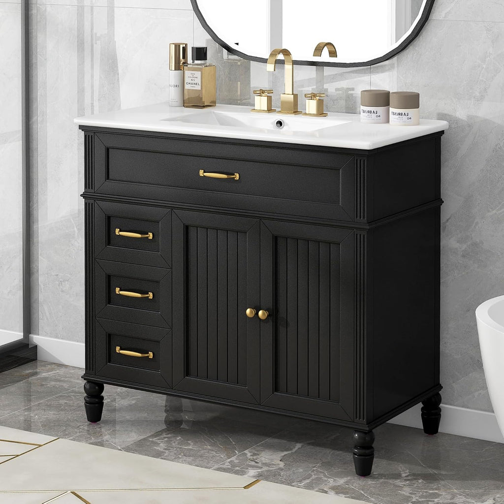 Flieks 36' Bathroom Vanity with Sink, Black Bathroom Cabinet with Drawers, Solid Frame and MDF Board, One Package