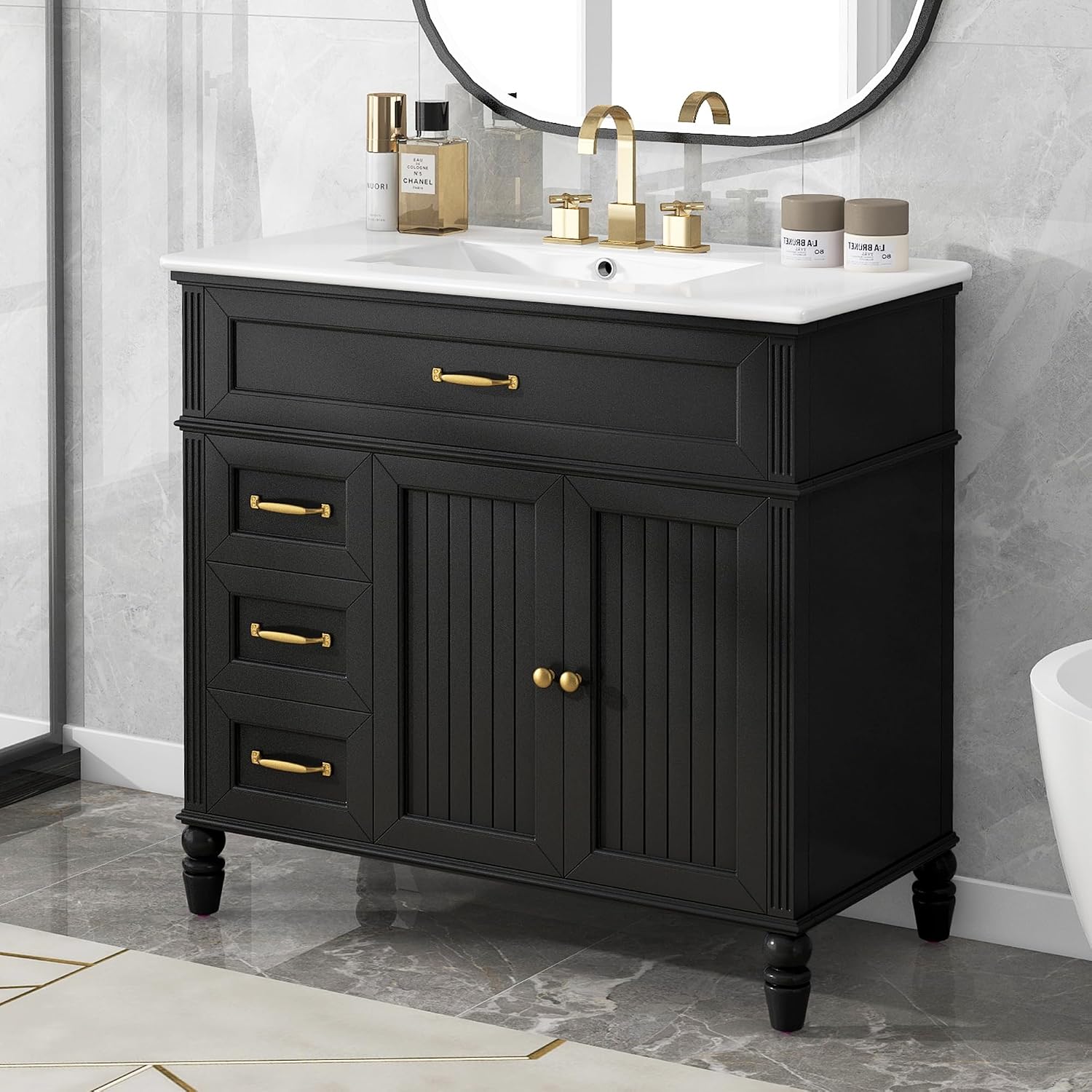 Flieks 36' Bathroom Vanity with Sink, Black Bathroom Cabinet with Drawers, Solid Frame and MDF Board, One Package