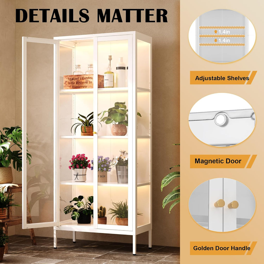 SteeLoong 66'Glass Display Cabinet with 3 Color LED Lights,Metal Curio Cabinet with Glass Doors,4-Tier Display Case for Collectibles,Book,Plant,White Storage Cabinets For Living Room-Assemble Required