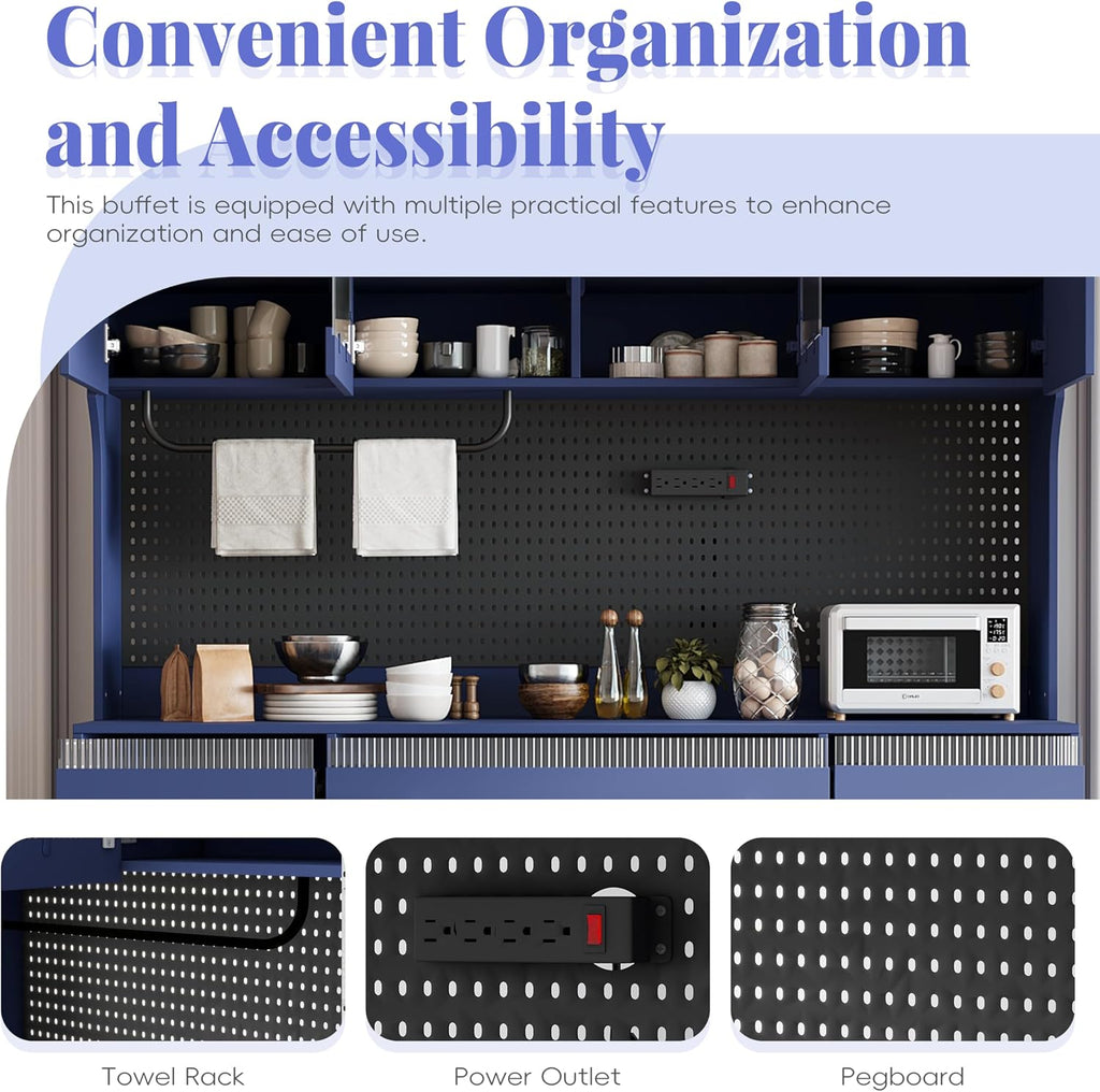63'' W Buffet Cabinet with Hutch, Large Coffee Bar Storage Cabinet with 6 Drawers, Kitchen Pantry Sideboard with 5 Cabinets and Adjustable Shelves, Pegboard, Towel Rack, Power Outlet