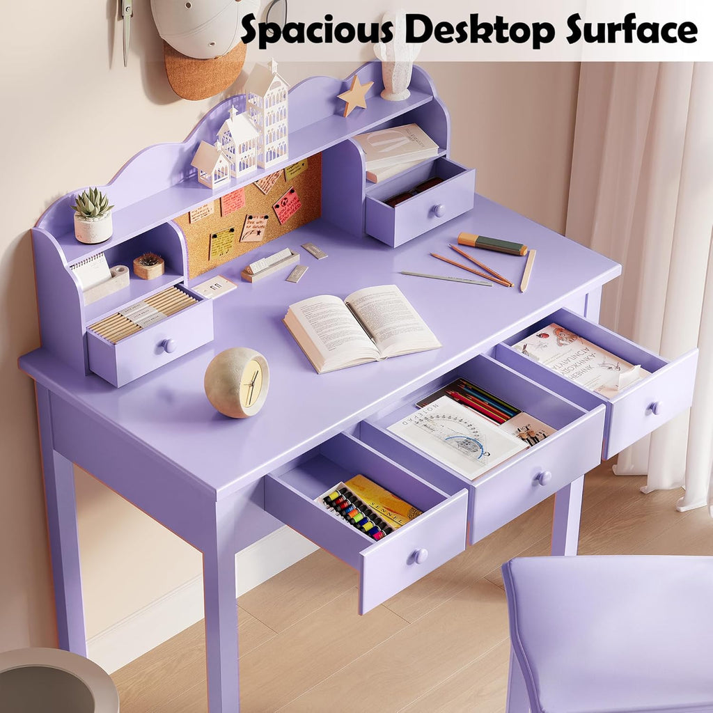 FUNKOCO Home Office Furniture Writing Desk, 36 Inch Computer Work Station with Detachable Hutch for Small Place, 5 Drawers(Purple)