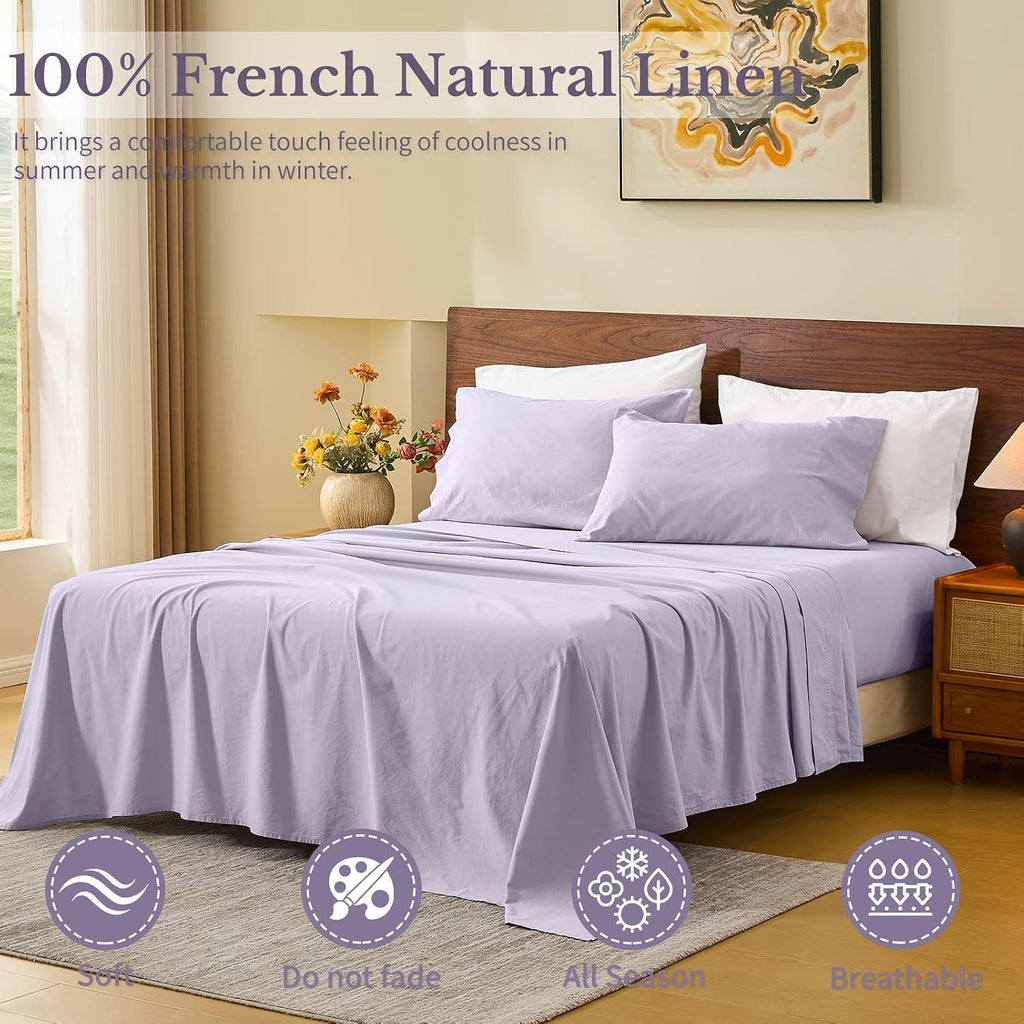 MEISHANG 100% French Pure Linen Sheets King Size - Bed Sheets 4 Piece Sets, Soft Durable Flax Linen, Anti-Tear Breathable Moisture Wicking with 16' Deep Pocket (Light Purple)