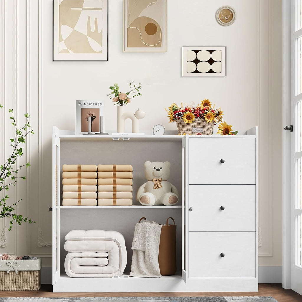 GarveeHome Sideboard Buffet Cabinet with Storage, 43 in Coffee Bar Cabinet with Glass Doors and 3 Drawers, Kitchen Storage Cabinet with Adjustable Shelves for Dining Room, Living Room, White