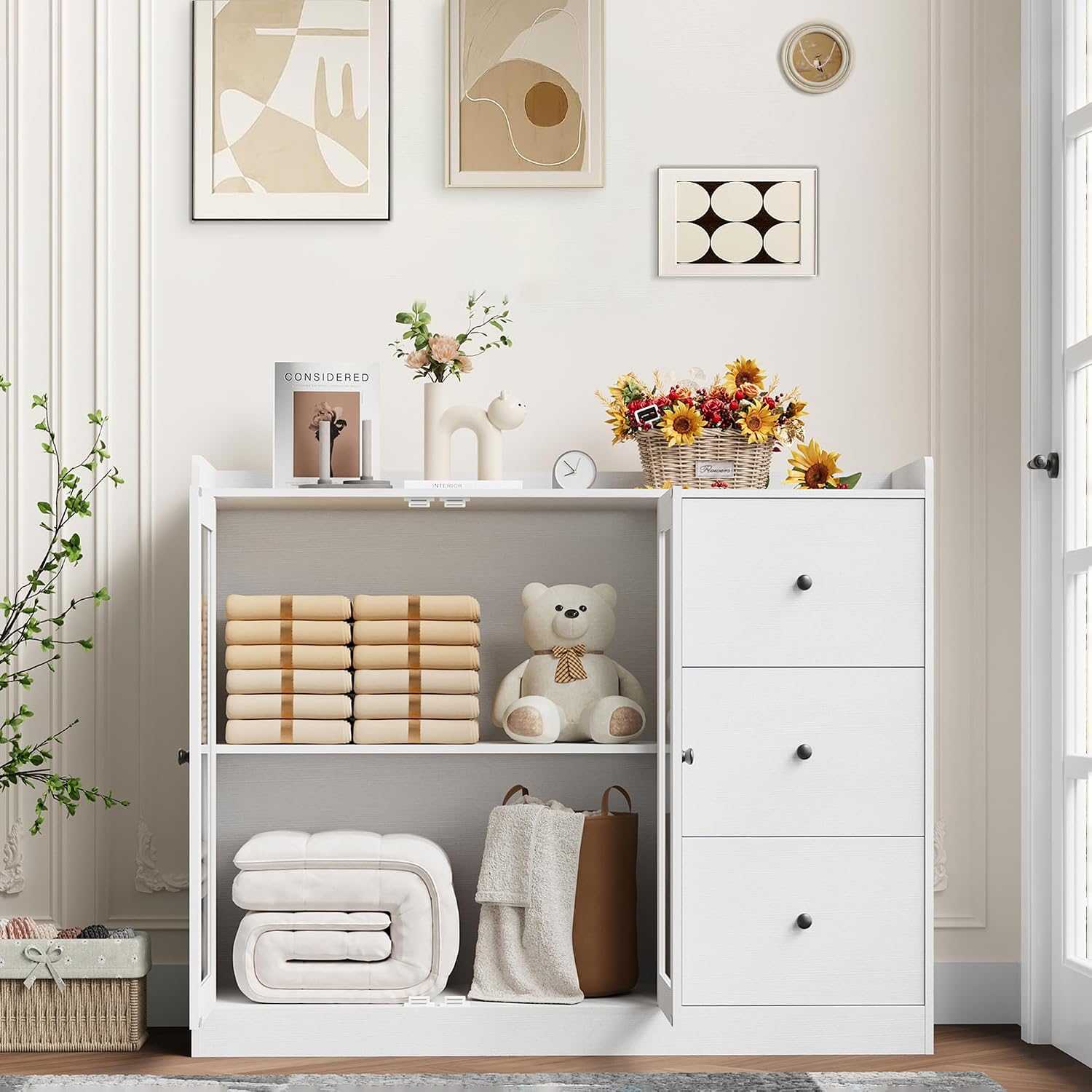 GarveeHome Sideboard Buffet Cabinet with Storage, 43 in Coffee Bar Cabinet with Glass Doors and 3 Drawers, Kitchen Storage Cabinet with Adjustable Shelves for Dining Room, Living Room, White