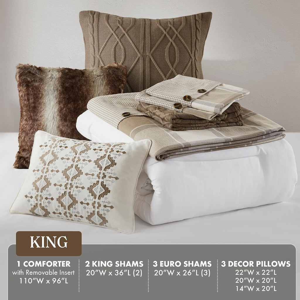 Madison Park King Comforter Cotton Jacquard Plaid Cabin Oversized Comforters King Bed, Removable Cover, All Season King Size Comforter, Décor Pillows, King/Cal King Neutral 9 Piece