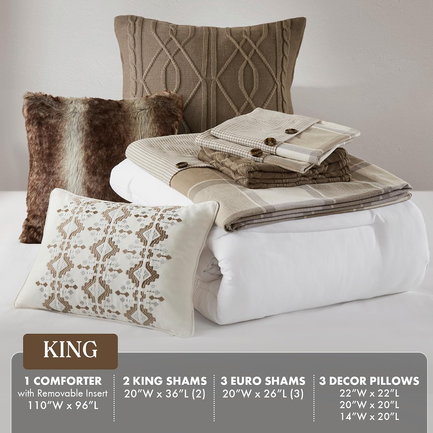 Madison Park King Comforter Cotton Jacquard Plaid Cabin Oversized Comforters King Bed, Removable Cover, All Season King Size Comforter, Décor Pillows, King/Cal King Neutral 9 Piece
