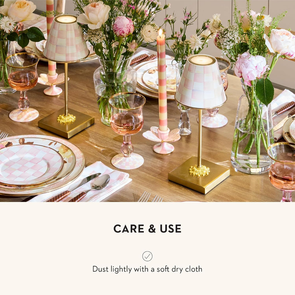 MACKENZIE-CHILDS LED Rechargeable Cafe Table Lamp, Cordless Decorative Lamp, Pink-and-White Rosy Check