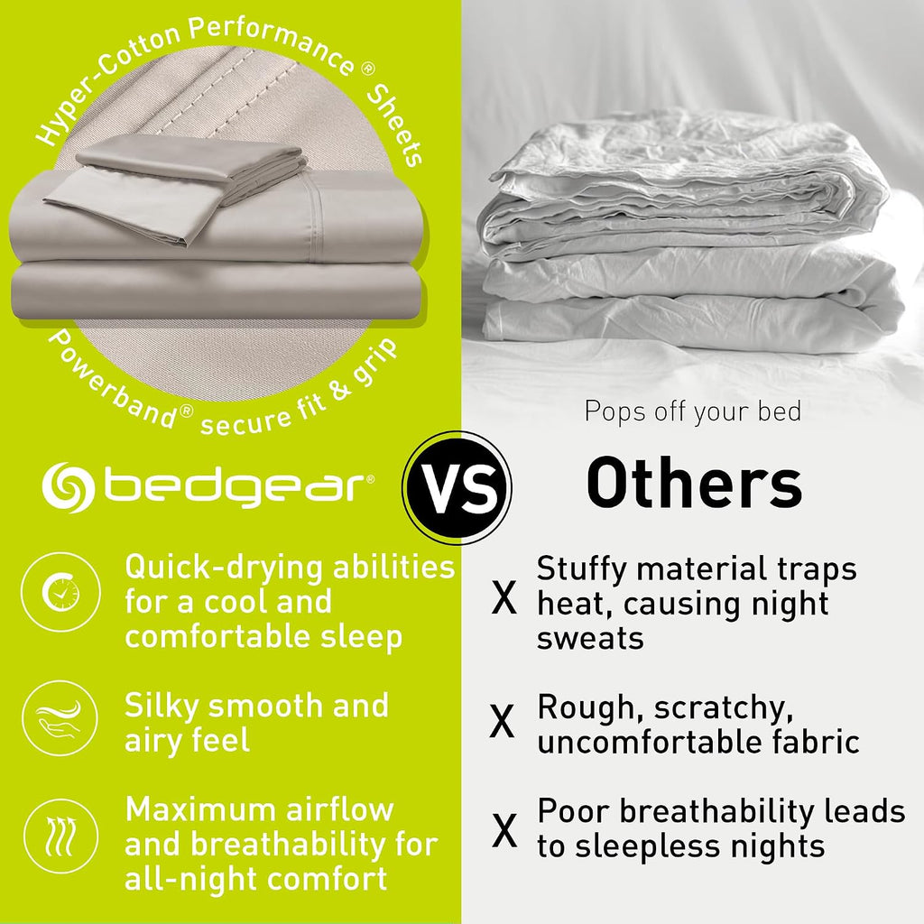 Bedgear Hyper-Cotton Split Head Queen Size Bed Sheet Set - Breathable, Quick-Drying Bed Sheets - Silky-Soft Bedding Alternative - Includes Fitted Sheet, Flat Sheet, 2 Pillowcases - Medium Beige