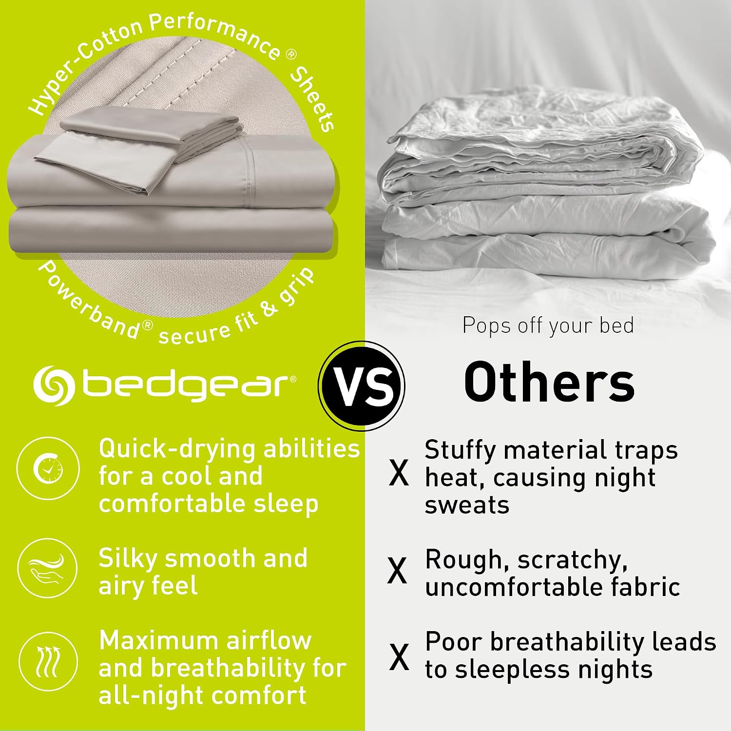 Bedgear Hyper-Cotton Split Head Queen Size Bed Sheet Set - Breathable, Quick-Drying Bed Sheets - Silky-Soft Bedding Alternative - Includes Fitted Sheet, Flat Sheet, 2 Pillowcases - Medium Beige