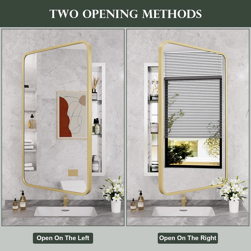 WallBeyond WallByond Bathroom Medicine Cabinet with Mirror, 19x30 Inch Gold Recessed Medicine Cabinet with Round Corner Aluminum Alloy Metal Framed, Single Door Modern MedicineMabinet with Storage