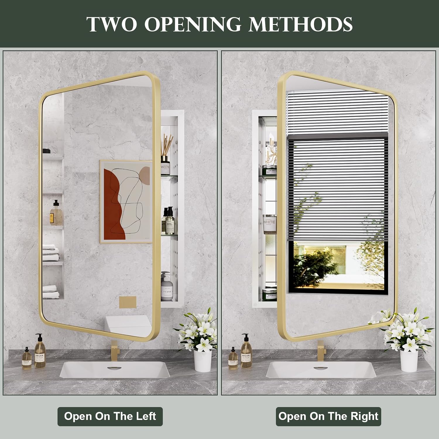 WallBeyond WallByond Bathroom Medicine Cabinet with Mirror, 19x30 Inch Gold Recessed Medicine Cabinet with Round Corner Aluminum Alloy Metal Framed, Single Door Modern MedicineMabinet with Storage