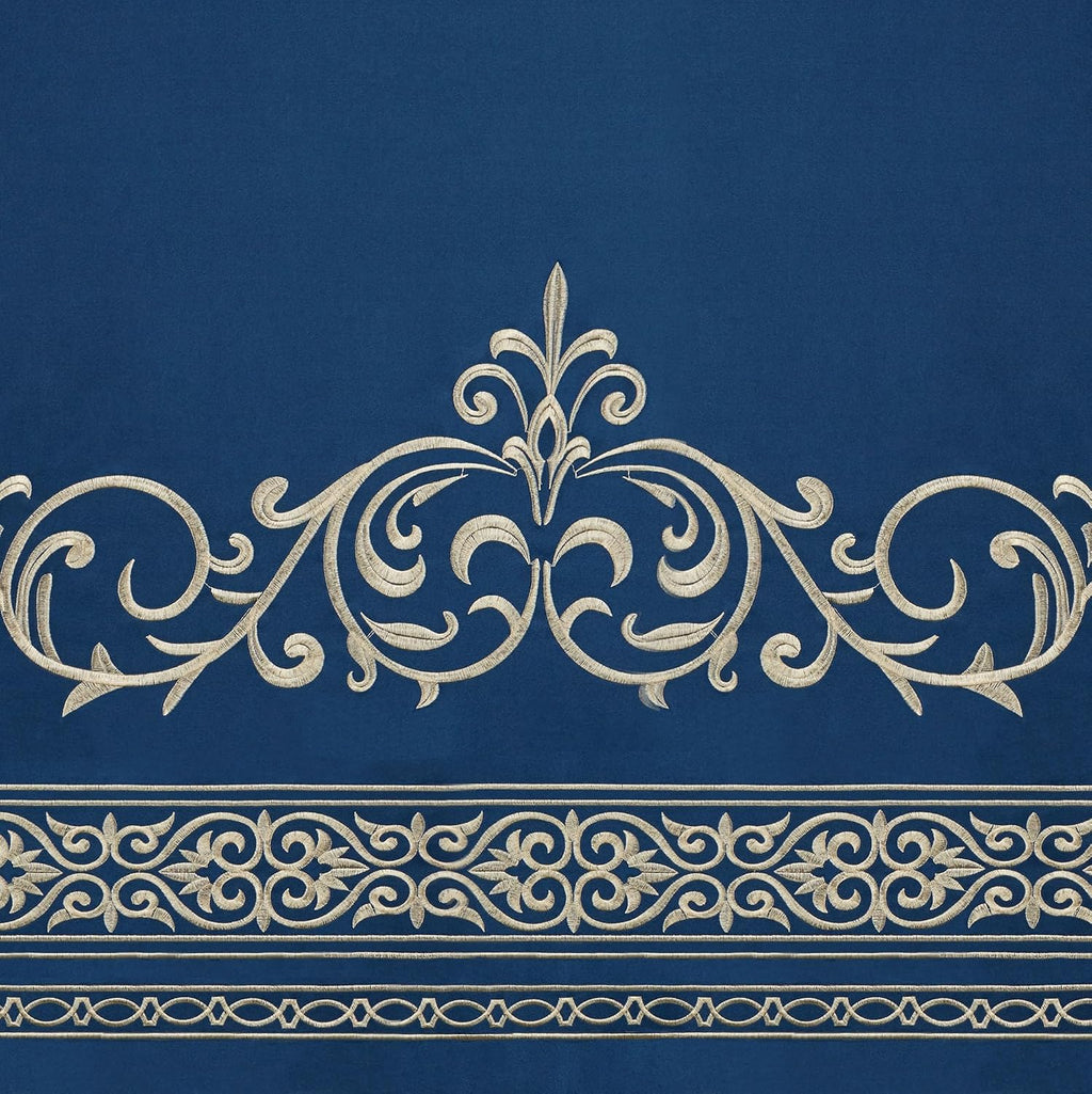 Touch of Class Buckingham Luxury Bedding | Royal Sapphire Blue | Palace-Inspired Elegant Golden Scrollwork Embroidery on Sateen 4 Piece Set: California King Comforter, Bedskirt & 2 King Shams